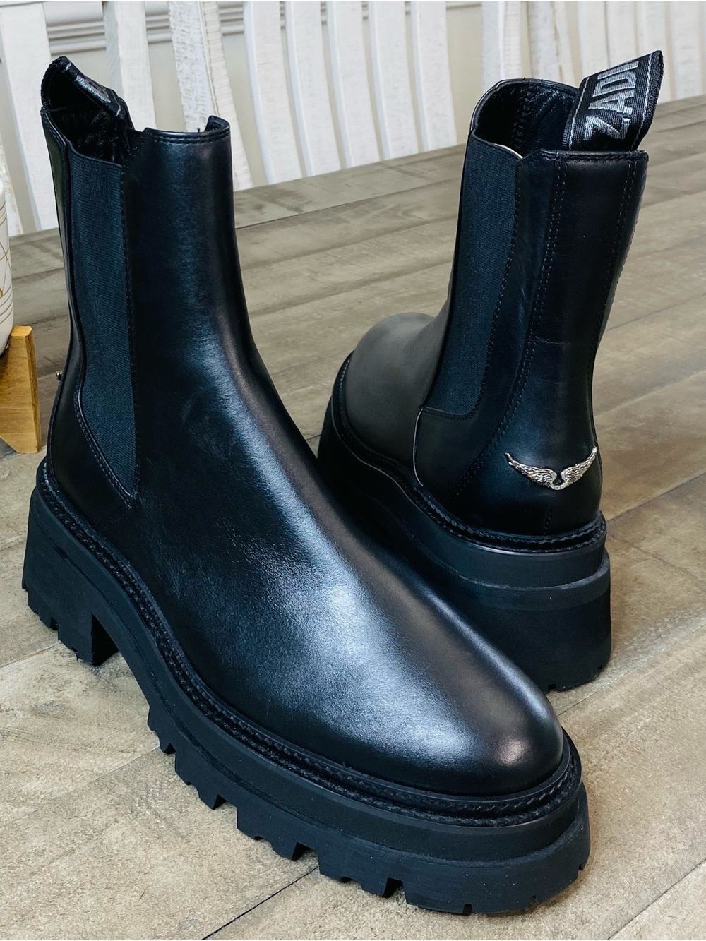 Zadig & Voltaire Black Leather Ride Chelsea Boots Chunky Lug Sole Platform 10.5